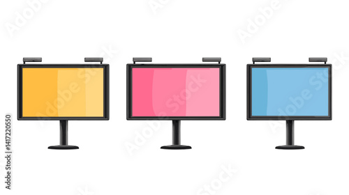 Three Blank Billboards with Yellow Pink and Blue Backgrounds