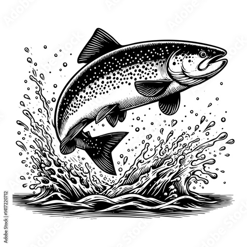 salmon jump sketch engraving black and white outline. Scratch board imitation.