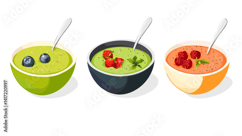 Three Colorful Bowls of Berry Smoothies with Spoons