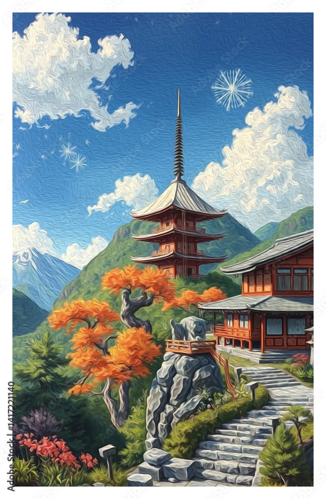 Obraz premium Travel illustration in oil paint. Abstract pattern for printing on wall decorations, wallpapers, covers, leaflets