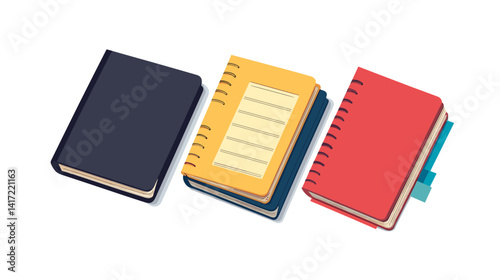 Three Colorful Notebooks and a Book in a Flat Lay