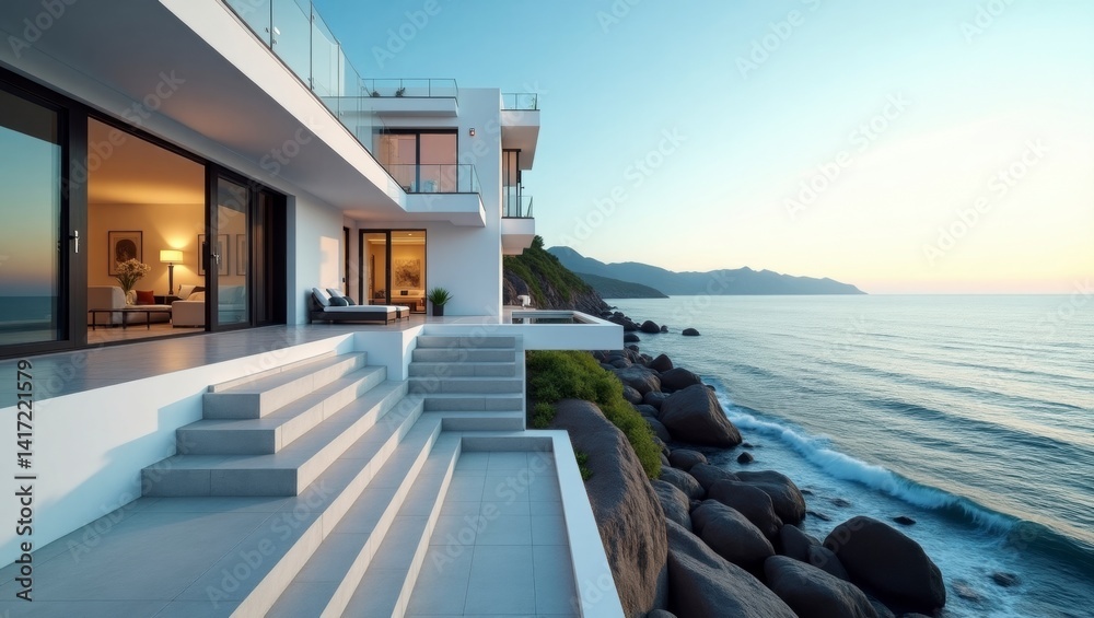 Fototapeta premium Stunning cinematic view of a high-end house nestled by the ocean with vibrant colors and tranquil coastal vibes