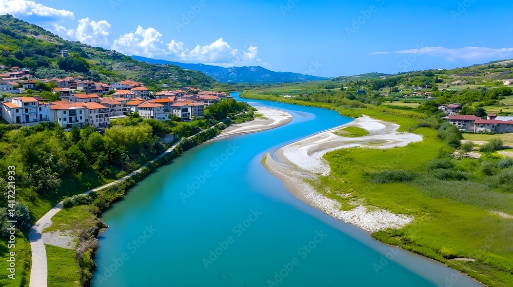 Fototapeta premium Turquoise River Village Aerial View - Aerial Views