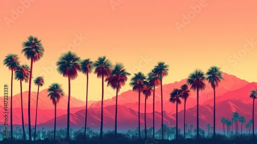 Serene Sunset Over Palm Springs: A Majestic Row of Palm Trees Framing the Desert Mountains in California