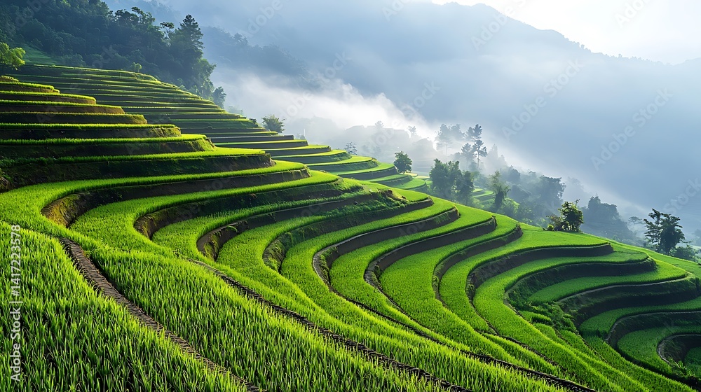 Fototapeta premium Lush green rice terraces in misty mountain landscape.