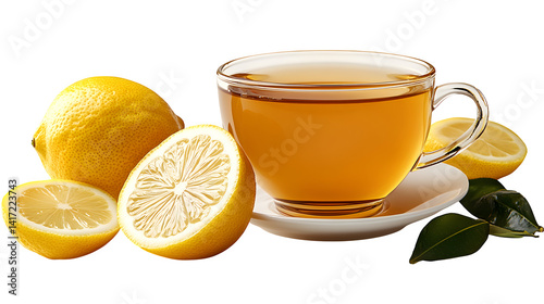 Hot tea in cup with lemon slice, realistic and clear, isolated on white background