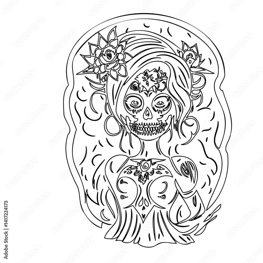 Obraz premium Day of the Dead Lady, Monochrome Line Drawing