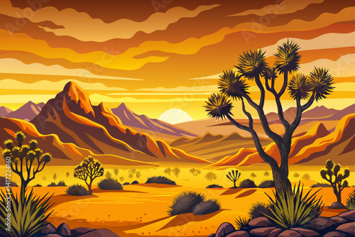 Sunset time on the hot desert landscape in Joshua Tree National Park landscape, California