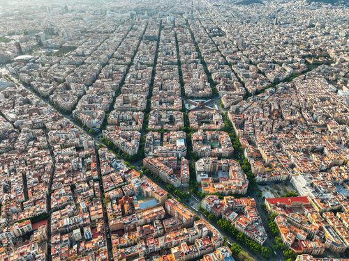 Aerial photo of Eixample neighborhood?s perfect grid and modernist blocks