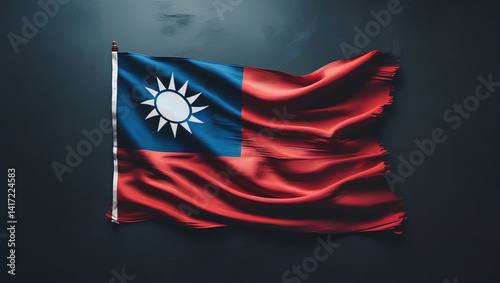 Waving flag of Taiwan (Republic of China) against a dark, textured background. Symbol of Taiwanese national identity and independence.