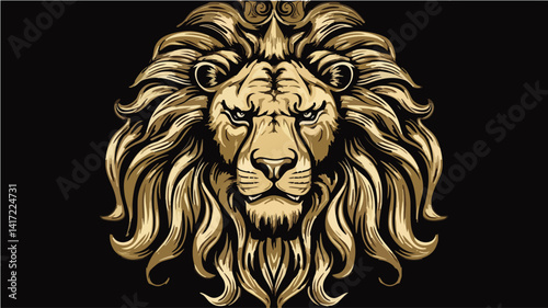 A golden-maned lion's regal face stares with sharp, intricate detail, fit for submission.