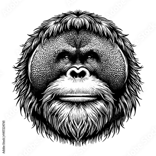 Orangutan sketch engraving black and white outline. Scratch board imitation.  illustrated in vintage line art style on a white background.
