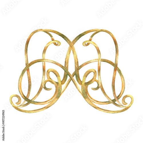 Gold ribbons ornament of vibrant collection. Curls, ribbons elements hand-painted in watercolor with gold paint accents. Isolate is presented for textiles, wallpaper, prints, packaging