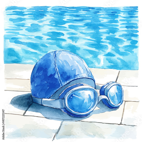 watercolor of Swimming Cap And Goggles On A Poolside, vector, isolated on a white background.
