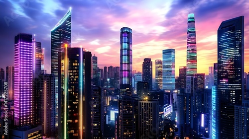 Wallpaper Mural Vibrant Neon Cityscape at Sunset - Neon lighting Torontodigital.ca