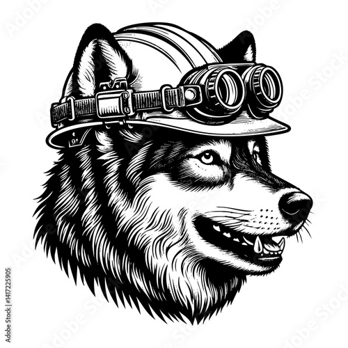 Wolf wear safety helmet sketch engraving black and white outline. Scratch board imitation.