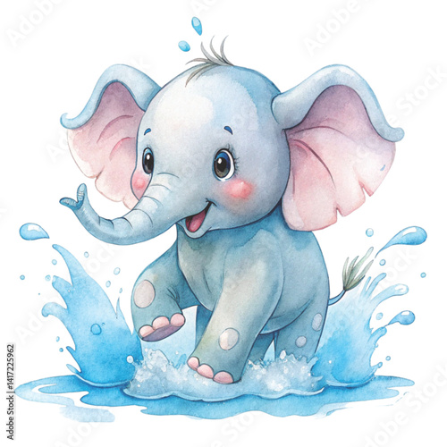 Cute little elephant playing in the water Watercolor cartoon on white background 