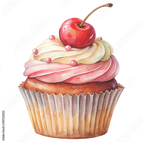 Cupcakes Watercolor cartoon on white background 