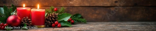 Elegant Christmas decor against a rustic wooden background with candles, pinecones and holly, holly, seasonal motifs , Christmas decorations