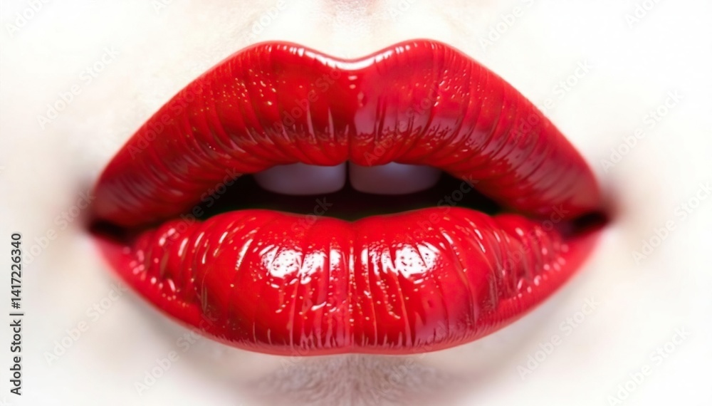 Fototapeta premium Close-up vibrant red lipstick on pure white backdrop, studio lighting, beauty product