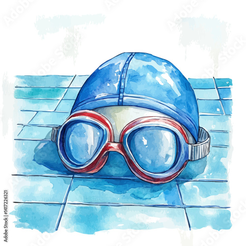 Swimming Cap And Goggles On A Poolside, watercolor vector, isolated on a white background.