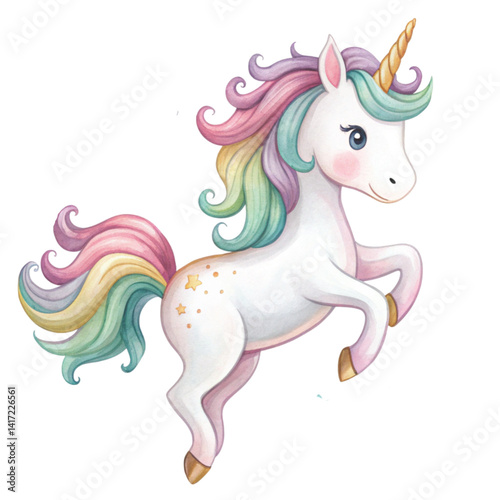 Jumping unicorn Clipart Watercolor cartoon on white background 