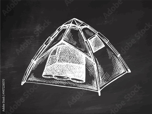 Hand drawn sketch of camping tent in vintage chalk style on chalkboard background