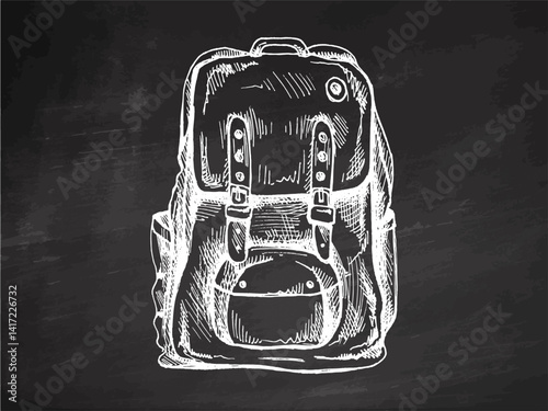 Hand drawn sketch of vintage backpack in chalk style on chalkboard background