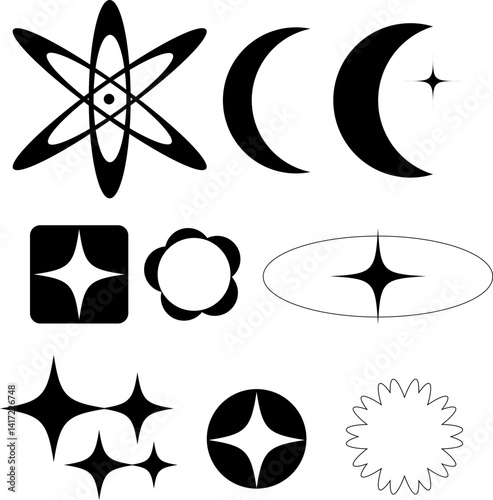 Collection of geometric shapes and patterns in black.