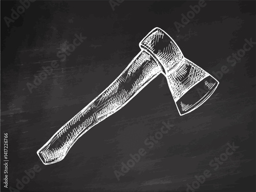 Hand drawn sketch of vintage camping axe in chalk style on chalkboard background