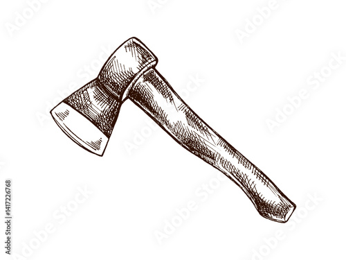 Hand drawn vintage sketch of forest axe with wooden handle in monochrome style, realistic camping and lumberjack tool