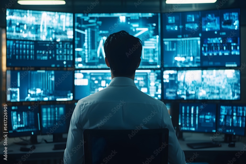 A person working in a modern technology hub, focused on security, surrounded by screens of data monitoring, ensuring vigilance. A person working in a modern technology hub, focused on security, surrounded by screens of data monitoring, ensuring vigilance.