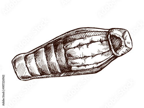 Hand drawn vintage sketch of a camping sleeping bag for outdoor travel and hiking, isolated vector illustration