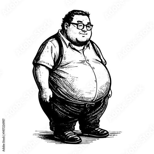 Fat employee sketch engraving black and white outline. Scratch board imitation.  illustrated in vintage line art style on a white background.