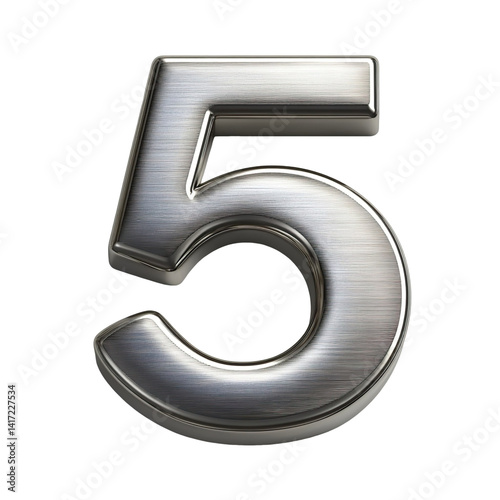 Top view of a 3D number 5 made of Nickel metal isolated on a white transparent background