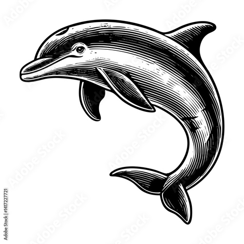 dolphin jump engraving black and white outline. Scratch board imitation.