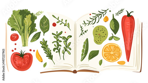 Colorful Vegetables Herbs and Fruits in Open Cookbook Illustration