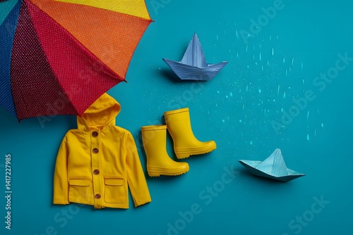 A vibrant composition, depicting playful imagery, bright colors of an umbrella, raincoat, boots, and origami boats, conjuring the spirit of childhood adventure.