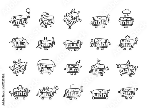 Funny synthesizer piano characters showing different emotions and activities with balloons, hearts, music, costumes, food, hats, smiles, and charming gestures in a joyful set for creative design