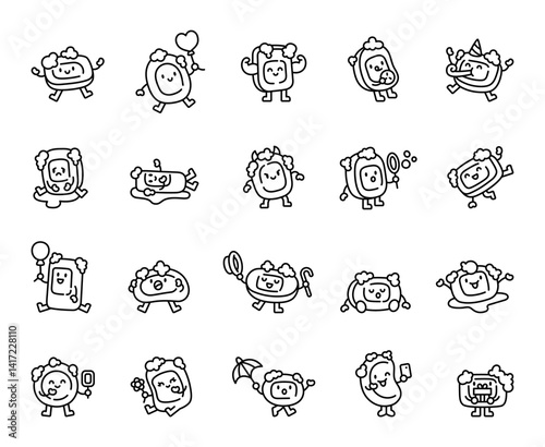 Cute soap foam character design set showing various emotions and funny activities like eating cookies, blowing bubbles, dancing, and holding gifts for hygiene illustrations
