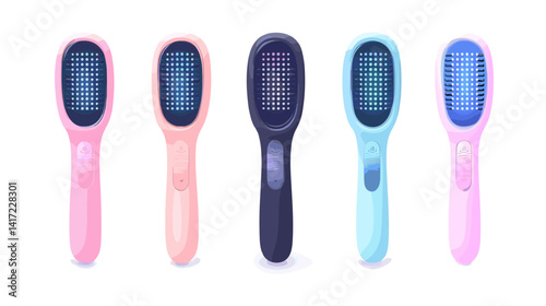 Five Colorful Electronic Hairbrushes with Digital Screens on White Background