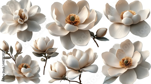 Large set of magnolia flowers, realistic 3D, isolated on white background