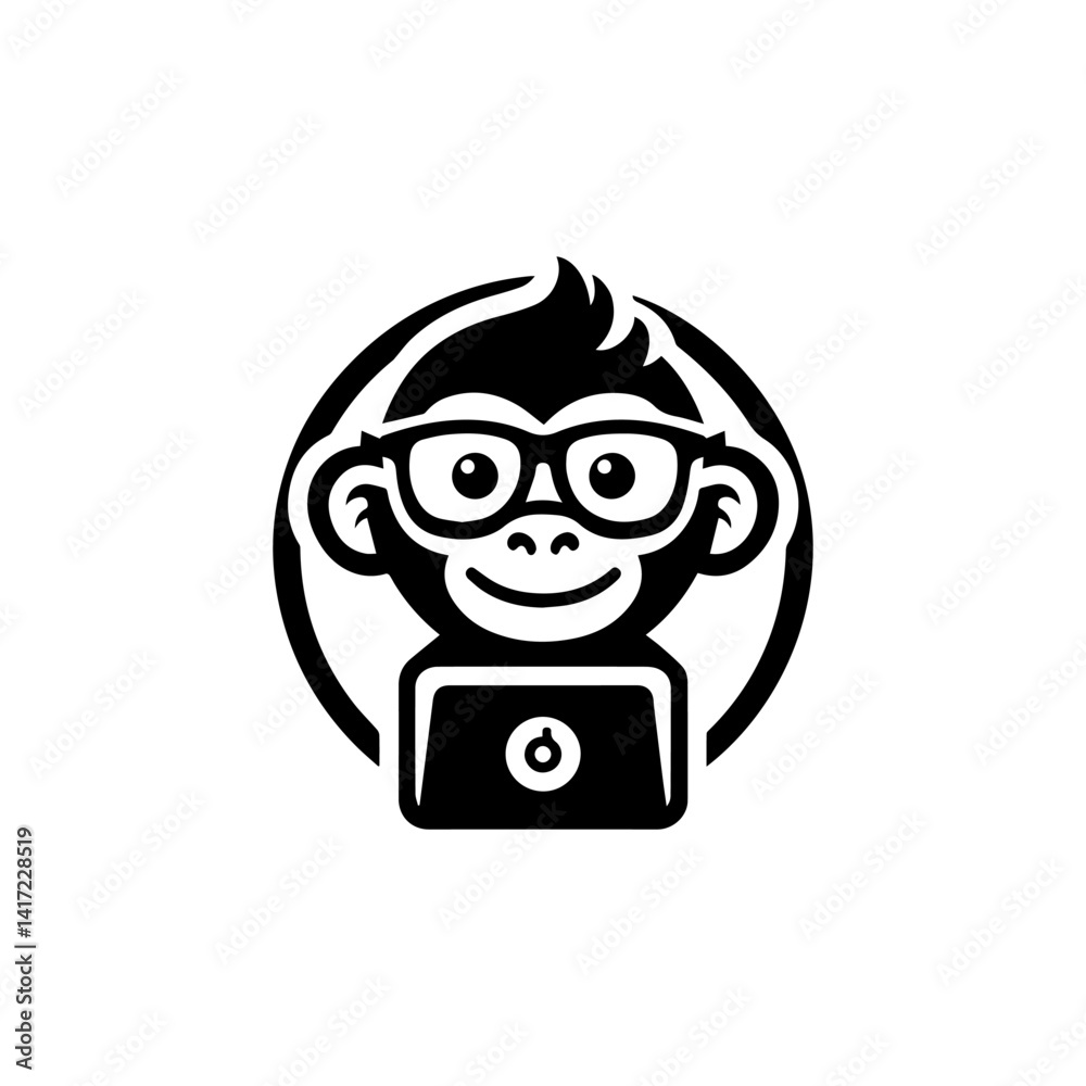 Naklejka premium Smart Monkey Icon: A stylized monochrome depiction of a clever monkey wearing glasses, embodying wit and intelligence, perfect for conveying knowledge and insight.