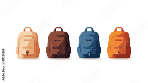Four Backpacks in Beige Brown Blue and Orange Pixel Art Illustration