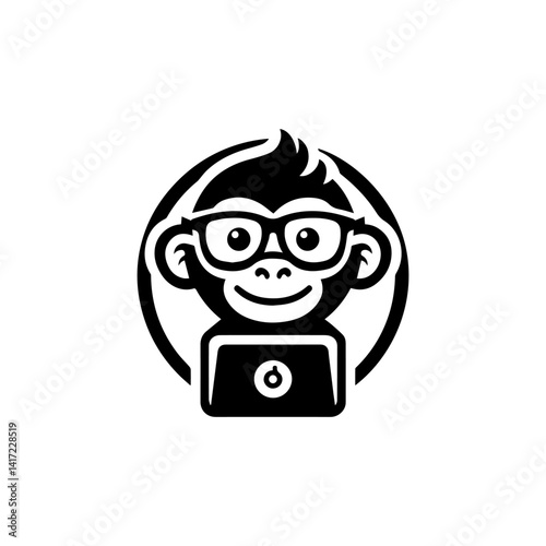 Smart Monkey Icon: A stylized monochrome depiction of a clever monkey wearing glasses, embodying wit and intelligence, perfect for conveying knowledge and insight.