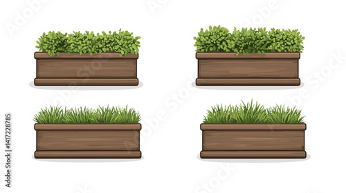 Four Brown Wooden Planters with Green Plants Pixel Art