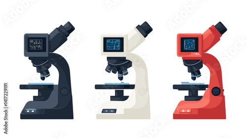 Three Microscopes in Black White and Red on White Background