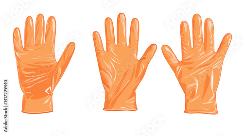 Three Orange Disposable Gloves on White Background