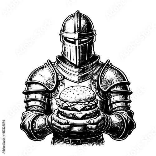 Knight holding hamburger engraving black and white outline. Scratch board imitation.  illustrated in vintage line art style on a white background.
