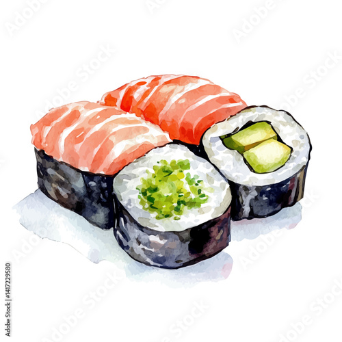 illustration of Sushi Nigiri With Wasabi And Pickled Ginger, watercolor vector, isolated on a white background.